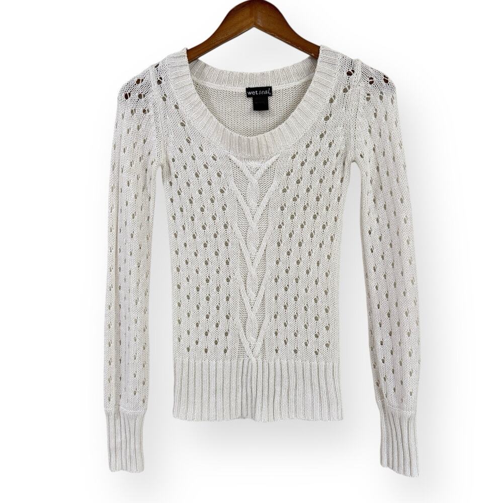 Vtg Y2K Wet Seal Sweater Womens S White Cable Knit Scoop Neck Preppy Balletcore